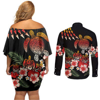 Hawaiian Hibiscus Turtle and Tropical Flower Couples Matching Off Shoulder Short Dress and Long Sleeve Button Shirt Dynamic Vibe
