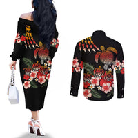 Hawaiian Hibiscus Turtle and Tropical Flower Couples Matching Off The Shoulder Long Sleeve Dress and Long Sleeve Button Shirt Dynamic Vibe