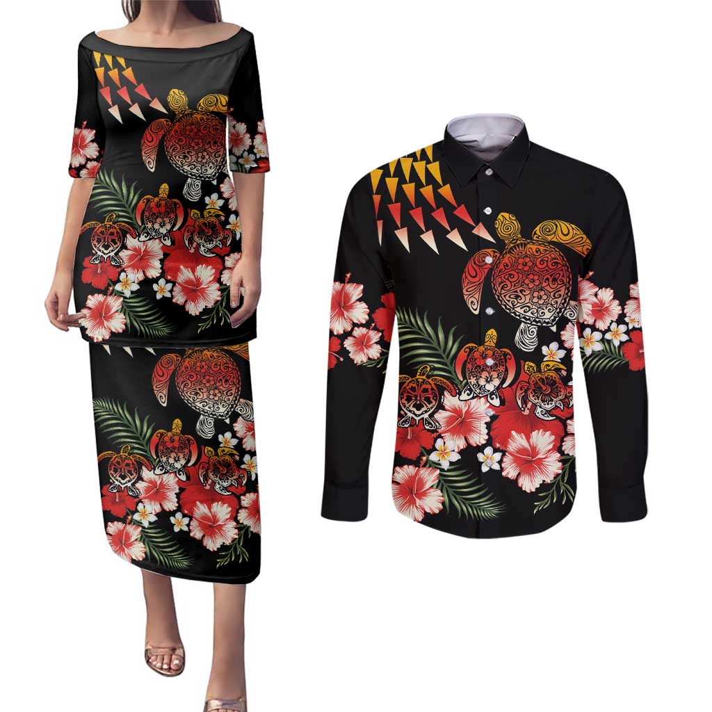 Hawaiian Hibiscus Turtle and Tropical Flower Couples Matching Puletasi and Long Sleeve Button Shirt Dynamic Vibe