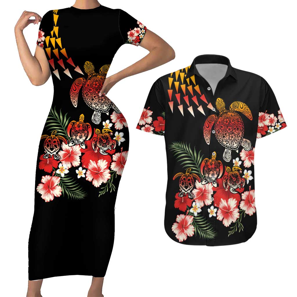 Hawaiian Hibiscus Turtle and Tropical Flower Couples Matching Short Sleeve Bodycon Dress and Hawaiian Shirt Dynamic Vibe