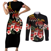 Hawaiian Hibiscus Turtle and Tropical Flower Couples Matching Short Sleeve Bodycon Dress and Long Sleeve Button Shirt Dynamic Vibe
