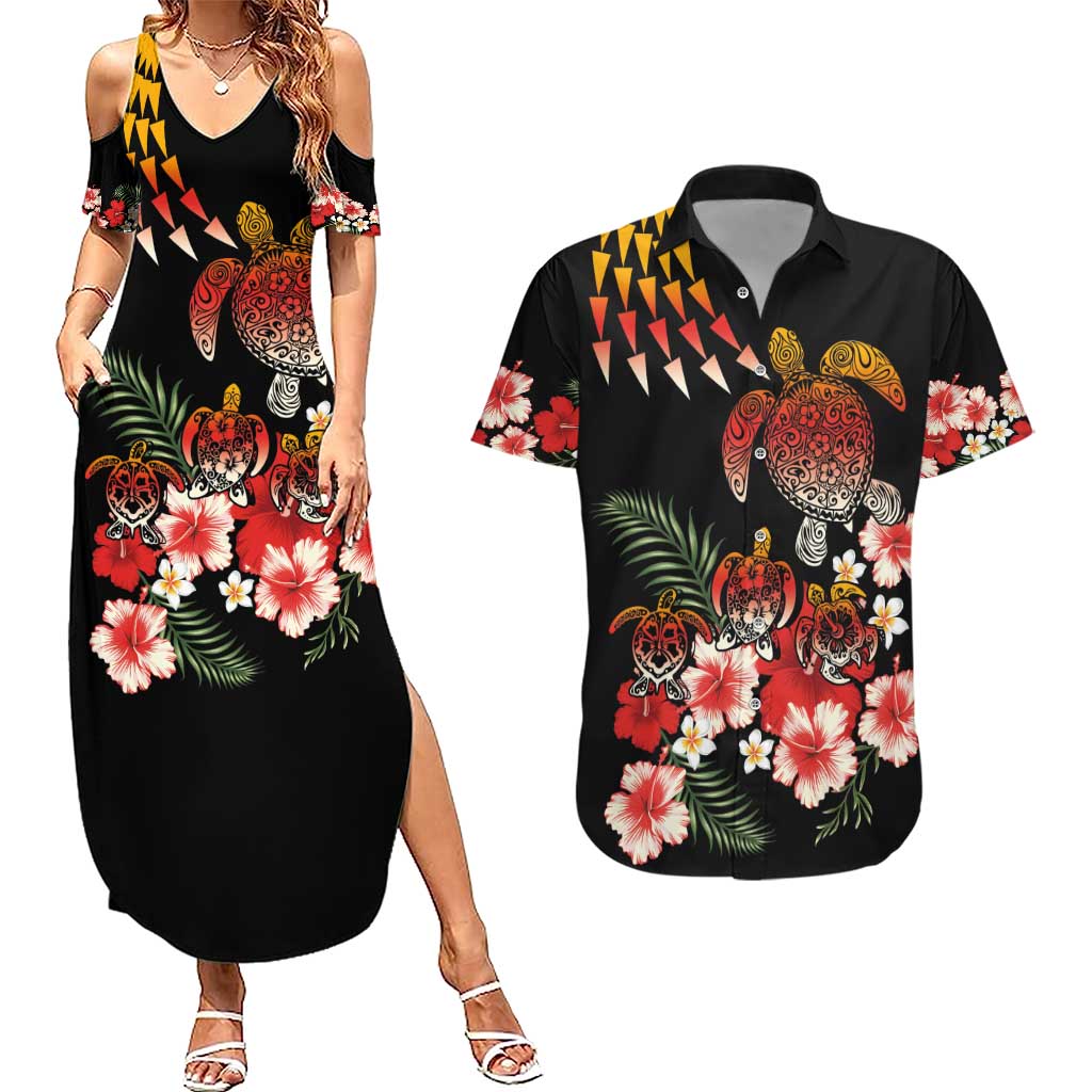 Hawaiian Hibiscus Turtle and Tropical Flower Couples Matching Summer Maxi Dress and Hawaiian Shirt Dynamic Vibe