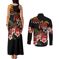 Hawaiian Hibiscus Turtle and Tropical Flower Couples Matching Tank Maxi Dress and Long Sleeve Button Shirt Dynamic Vibe