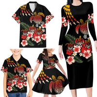 Hawaiian Hibiscus Turtle and Tropical Flower Family Matching Long Sleeve Bodycon Dress and Hawaiian Shirt Dynamic Vibe