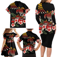 Hawaiian Hibiscus Turtle and Tropical Flower Family Matching Long Sleeve Bodycon Dress and Hawaiian Shirt Dynamic Vibe