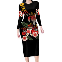 Hawaiian Hibiscus Turtle and Tropical Flower Family Matching Long Sleeve Bodycon Dress and Hawaiian Shirt Dynamic Vibe