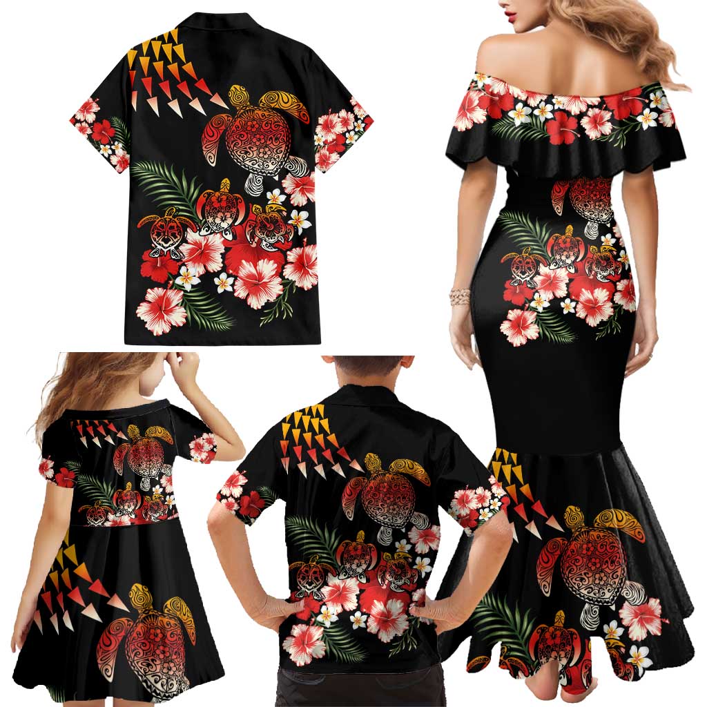 Hawaiian Hibiscus Turtle and Tropical Flower Family Matching Mermaid Dress and Hawaiian Shirt Dynamic Vibe