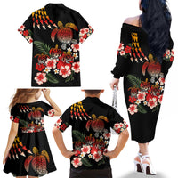 Hawaiian Hibiscus Turtle and Tropical Flower Family Matching Off The Shoulder Long Sleeve Dress and Hawaiian Shirt Dynamic Vibe