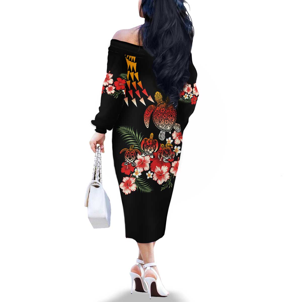 Hawaiian Hibiscus Turtle and Tropical Flower Family Matching Off The Shoulder Long Sleeve Dress and Hawaiian Shirt Dynamic Vibe