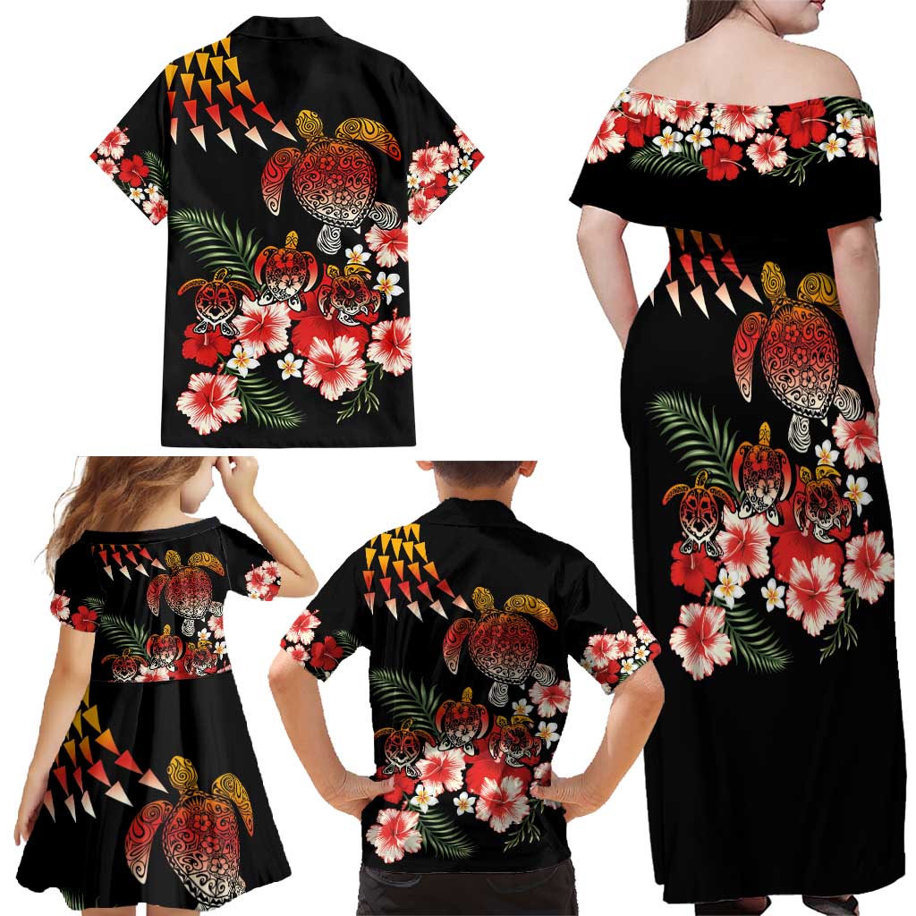 Hawaiian Hibiscus Turtle and Tropical Flower Family Matching Off Shoulder Maxi Dress and Hawaiian Shirt Dynamic Vibe