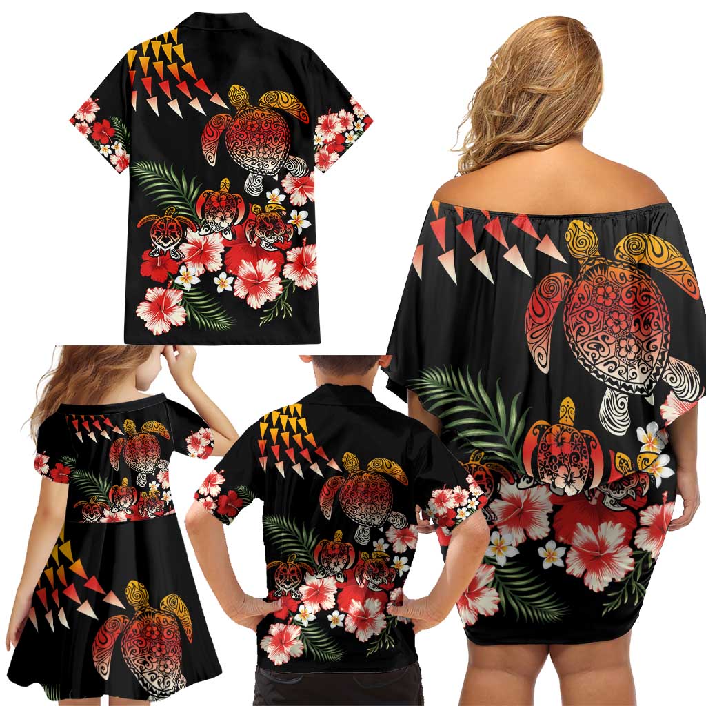 Hawaiian Hibiscus Turtle and Tropical Flower Family Matching Off Shoulder Short Dress and Hawaiian Shirt Dynamic Vibe