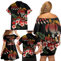 Hawaiian Hibiscus Turtle and Tropical Flower Family Matching Off Shoulder Short Dress and Hawaiian Shirt Dynamic Vibe