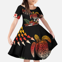 Hawaiian Hibiscus Turtle and Tropical Flower Family Matching Puletasi and Hawaiian Shirt Dynamic Vibe LT03 Daughter's Dress Black - Polynesian Pride