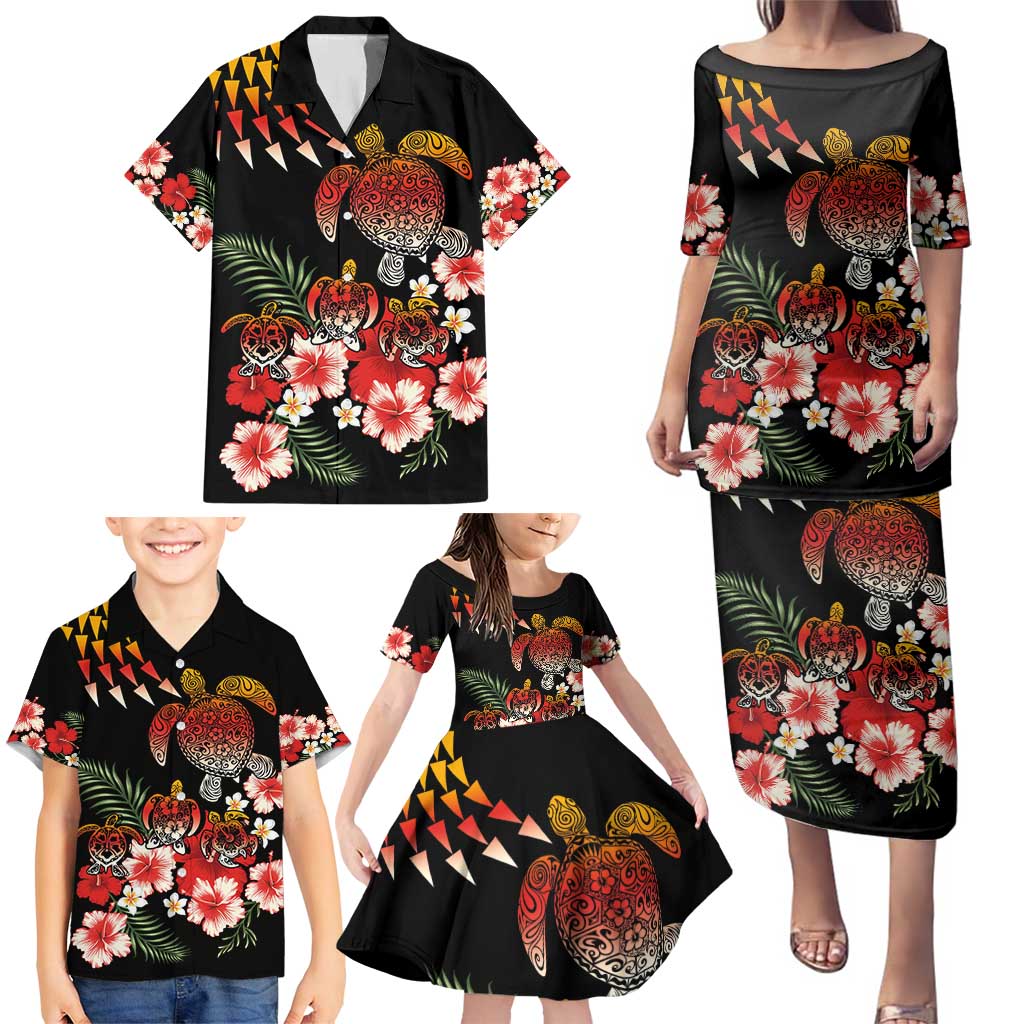 Hawaiian Hibiscus Turtle and Tropical Flower Family Matching Puletasi and Hawaiian Shirt Dynamic Vibe