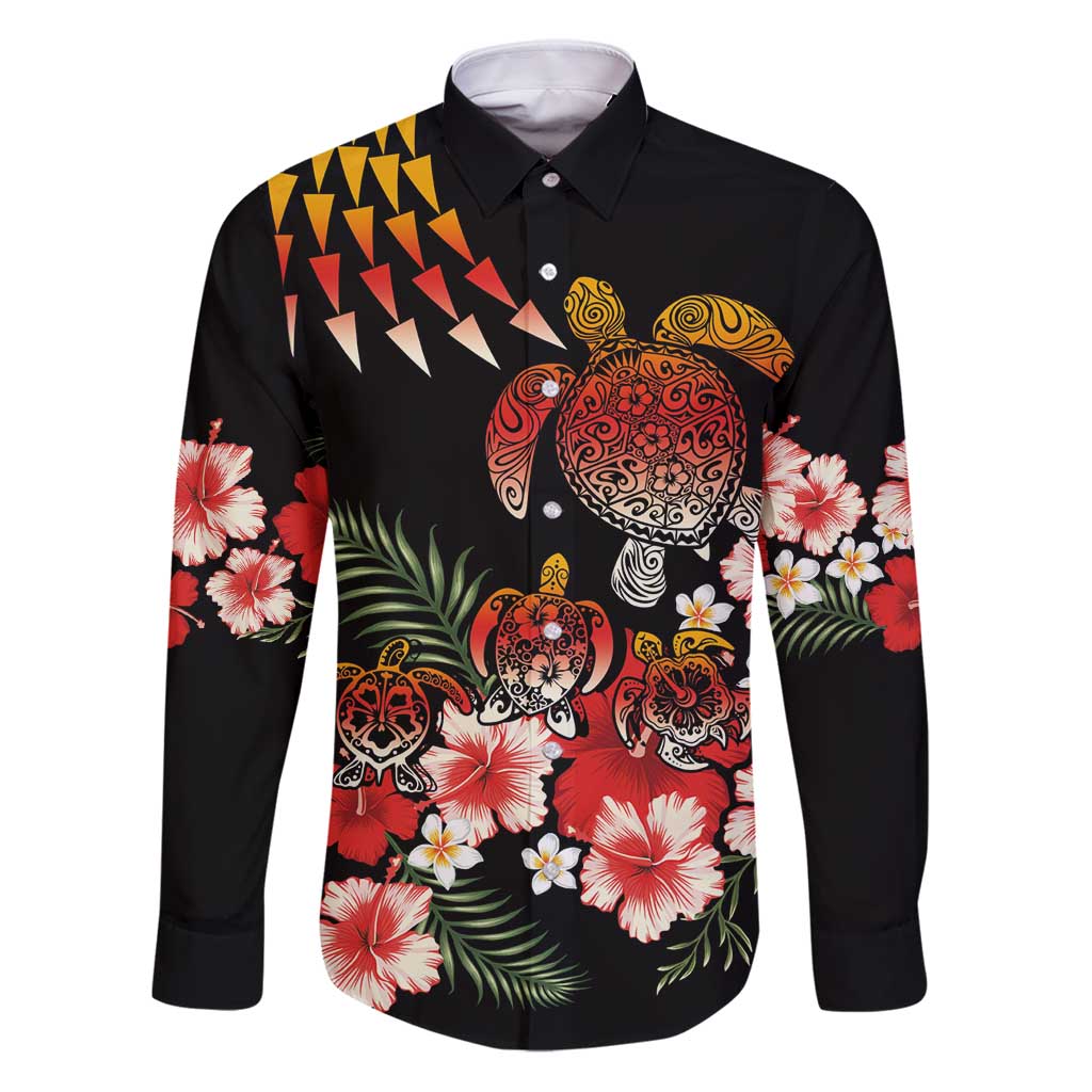Hawaiian Hibiscus Turtle and Tropical Flower Family Matching Puletasi and Hawaiian Shirt Dynamic Vibe LT03 Dad's Shirt - Long Sleeve Black - Polynesian Pride
