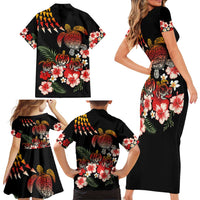 Hawaiian Hibiscus Turtle and Tropical Flower Family Matching Short Sleeve Bodycon Dress and Hawaiian Shirt Dynamic Vibe