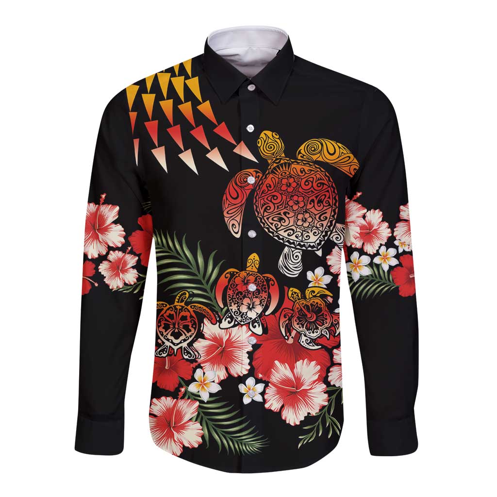 Hawaiian Hibiscus Turtle and Tropical Flower Long Sleeve Button Shirt Dynamic Vibe