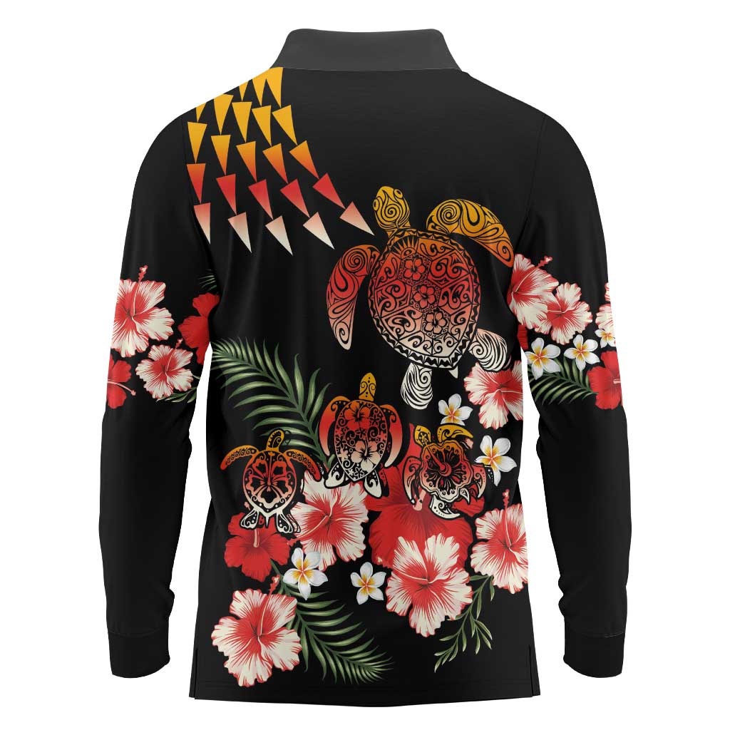 Hawaiian Hibiscus Turtle and Tropical Flower Long Sleeve Polo Shirt Dynamic Vibe