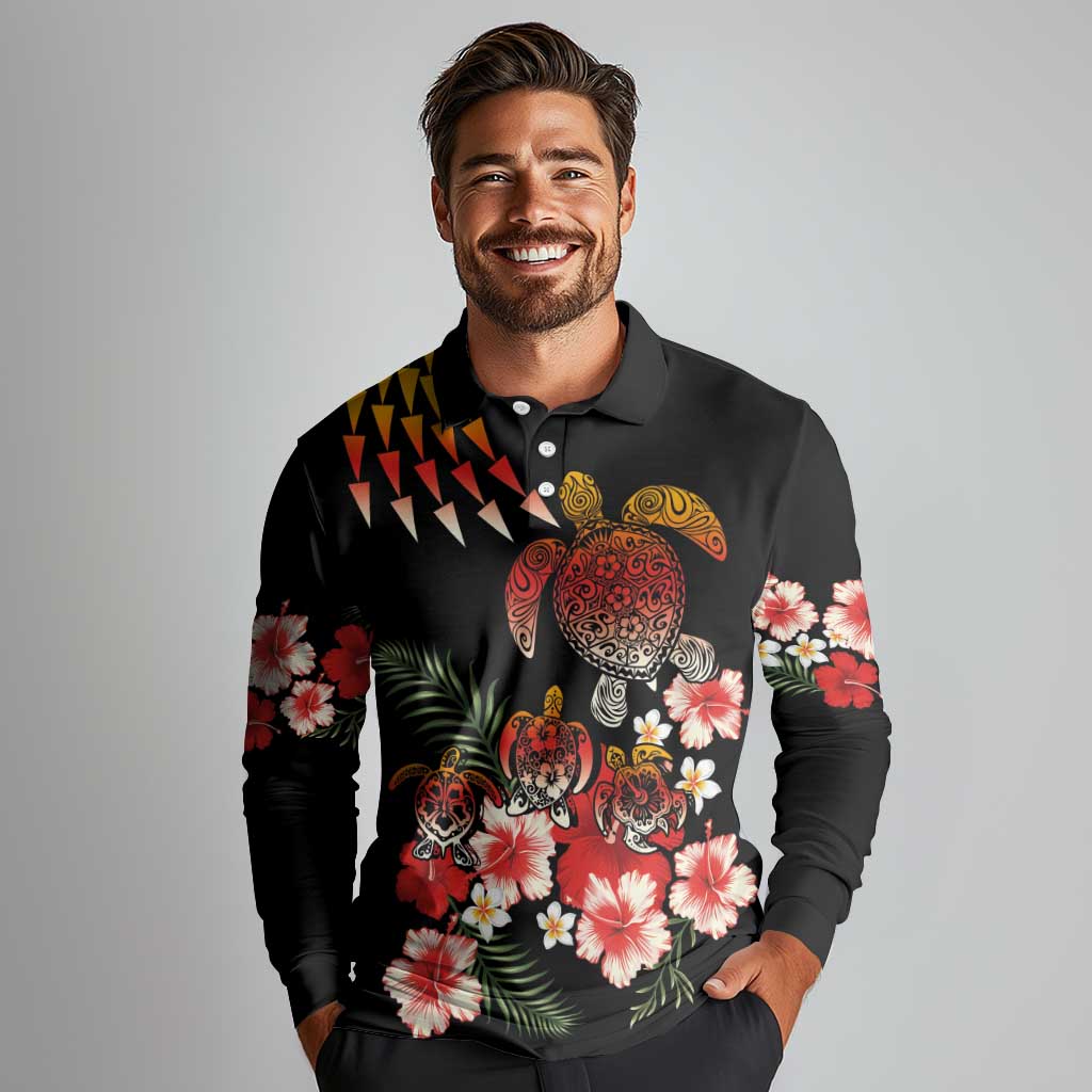 Hawaiian Hibiscus Turtle and Tropical Flower Long Sleeve Polo Shirt Dynamic Vibe