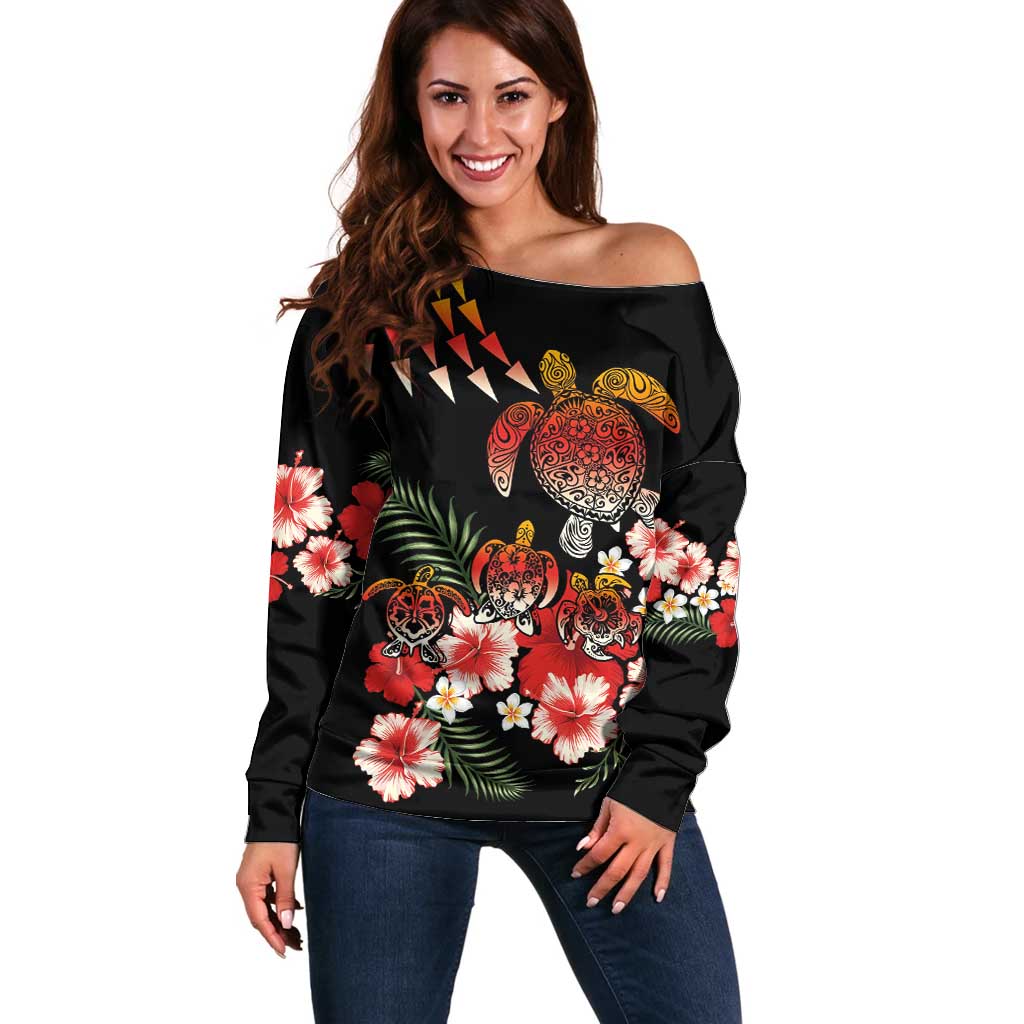 Hawaiian Hibiscus Turtle and Tropical Flower Off Shoulder Sweater Dynamic Vibe
