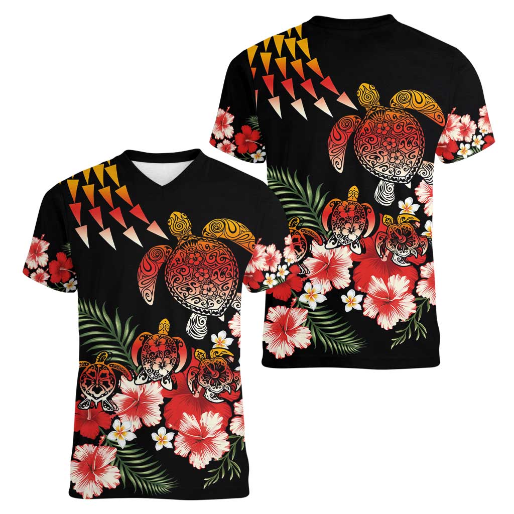 Hawaiian Hibiscus Turtle and Tropical Flower Women V-Neck T-Shirt Dynamic Vibe