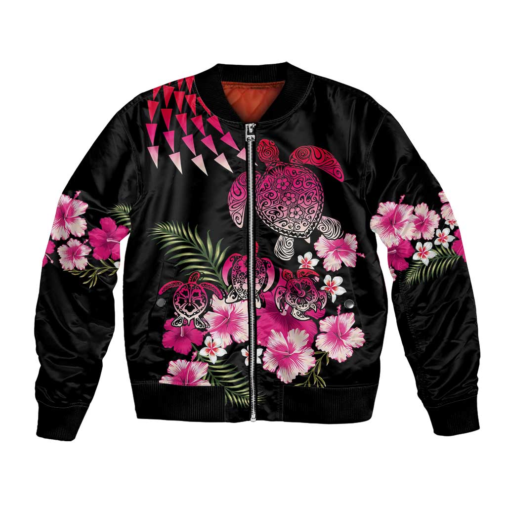Hawaiian Hibiscus Turtle and Tropical Flower Bomber Jacket Sweet Vibe LT03 Unisex Black - Polynesian Pride