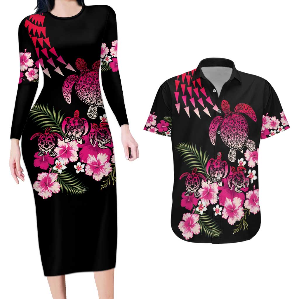 Hawaiian Hibiscus Turtle and Tropical Flower Couples Matching Long Sleeve Bodycon Dress and Hawaiian Shirt Sweet Vibe