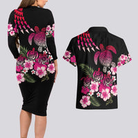 Hawaiian Hibiscus Turtle and Tropical Flower Couples Matching Long Sleeve Bodycon Dress and Hawaiian Shirt Sweet Vibe