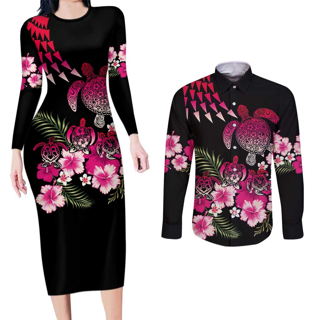 Hawaiian Hibiscus Turtle and Tropical Flower Couples Matching Long Sleeve Bodycon Dress and Long Sleeve Button Shirt Sweet Vibe