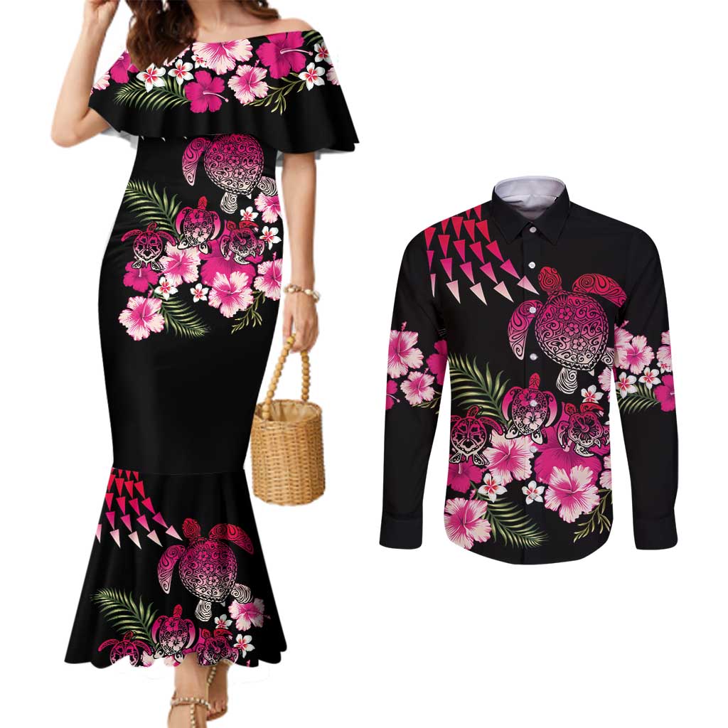 Hawaiian Hibiscus Turtle and Tropical Flower Couples Matching Mermaid Dress and Long Sleeve Button Shirt Sweet Vibe