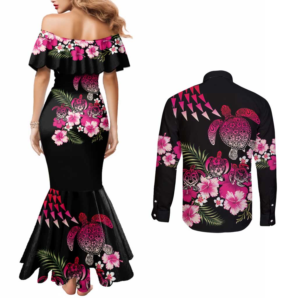 Hawaiian Hibiscus Turtle and Tropical Flower Couples Matching Mermaid Dress and Long Sleeve Button Shirt Sweet Vibe