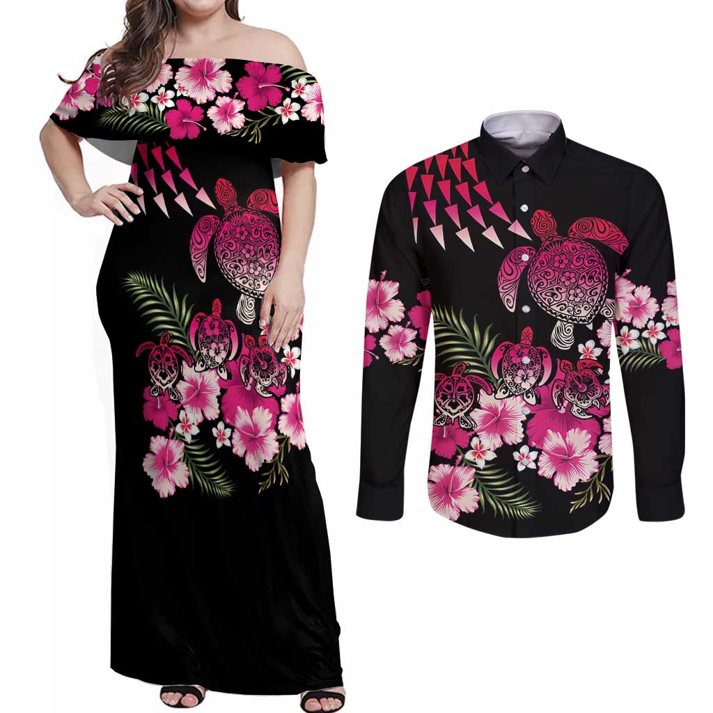 Hawaiian Hibiscus Turtle and Tropical Flower Couples Matching Off Shoulder Maxi Dress and Long Sleeve Button Shirt Sweet Vibe