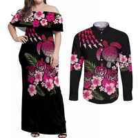 Hawaiian Hibiscus Turtle and Tropical Flower Couples Matching Off Shoulder Maxi Dress and Long Sleeve Button Shirt Sweet Vibe