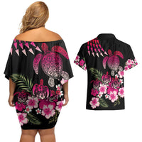 Hawaiian Hibiscus Turtle and Tropical Flower Couples Matching Off Shoulder Short Dress and Hawaiian Shirt Sweet Vibe