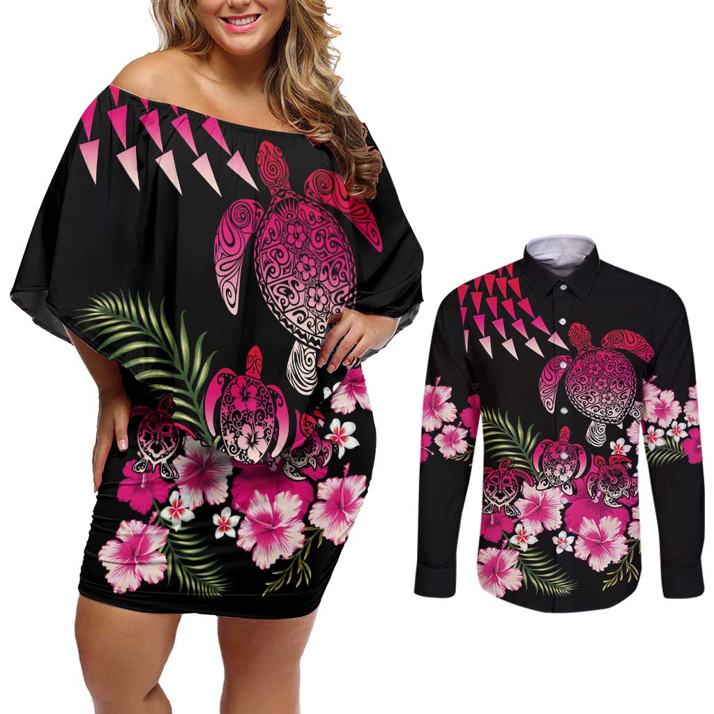 Hawaiian Hibiscus Turtle and Tropical Flower Couples Matching Off Shoulder Short Dress and Long Sleeve Button Shirt Sweet Vibe