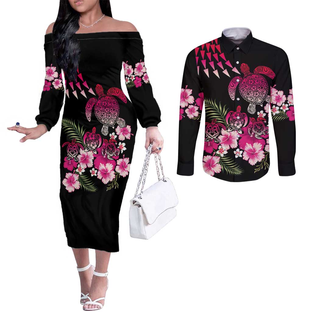 Hawaiian Hibiscus Turtle and Tropical Flower Couples Matching Off The Shoulder Long Sleeve Dress and Long Sleeve Button Shirt Sweet Vibe