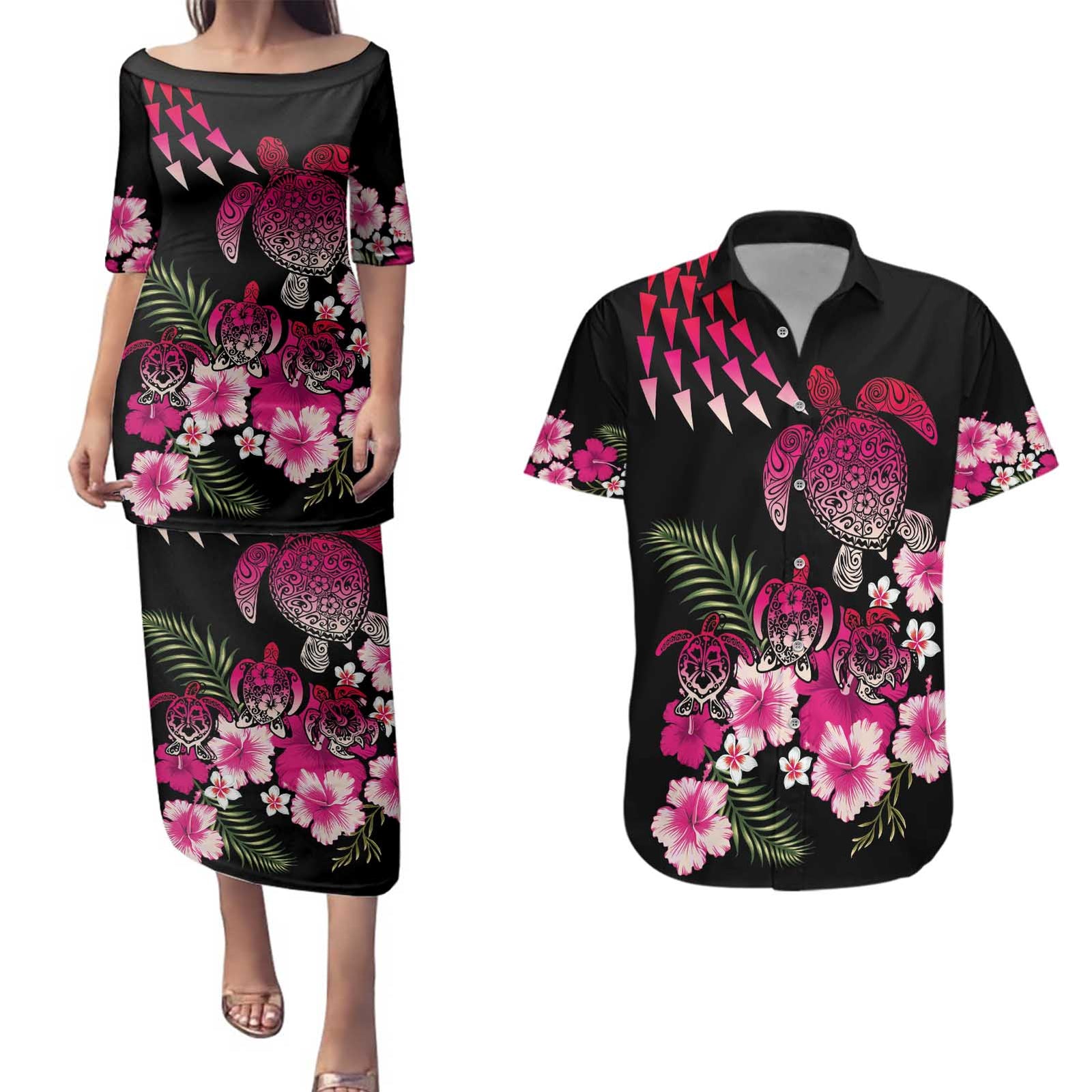 Hawaiian Hibiscus Turtle and Tropical Flower Couples Matching Puletasi and Hawaiian Shirt Sweet Vibe