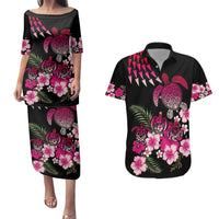 Hawaiian Hibiscus Turtle and Tropical Flower Couples Matching Puletasi and Hawaiian Shirt Sweet Vibe LT03 Black - Polynesian Pride