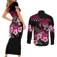Hawaiian Hibiscus Turtle and Tropical Flower Couples Matching Short Sleeve Bodycon Dress and Long Sleeve Button Shirt Sweet Vibe