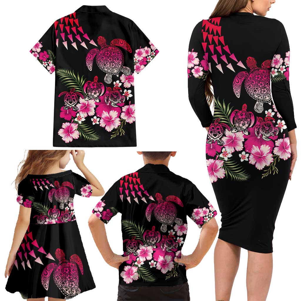 Hawaiian Hibiscus Turtle and Tropical Flower Family Matching Long Sleeve Bodycon Dress and Hawaiian Shirt Sweet Vibe