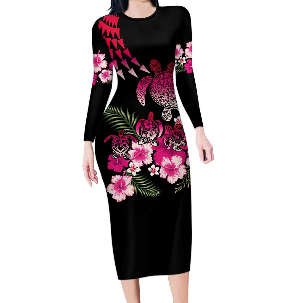 Hawaiian Hibiscus Turtle and Tropical Flower Family Matching Long Sleeve Bodycon Dress and Hawaiian Shirt Sweet Vibe