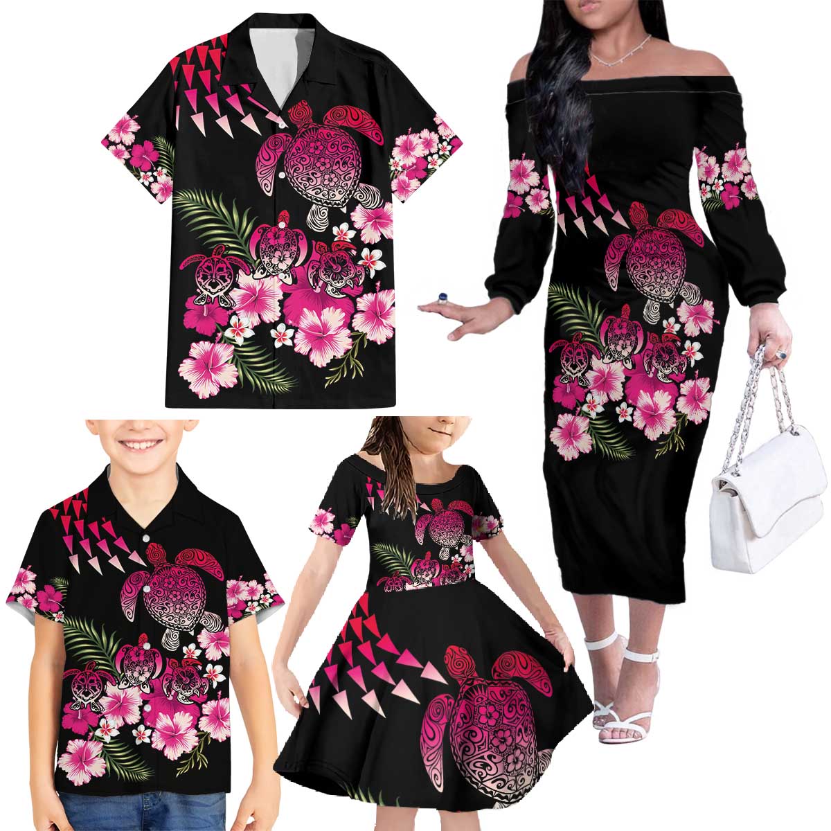 Hawaiian Hibiscus Turtle and Tropical Flower Family Matching Off The Shoulder Long Sleeve Dress and Hawaiian Shirt Sweet Vibe