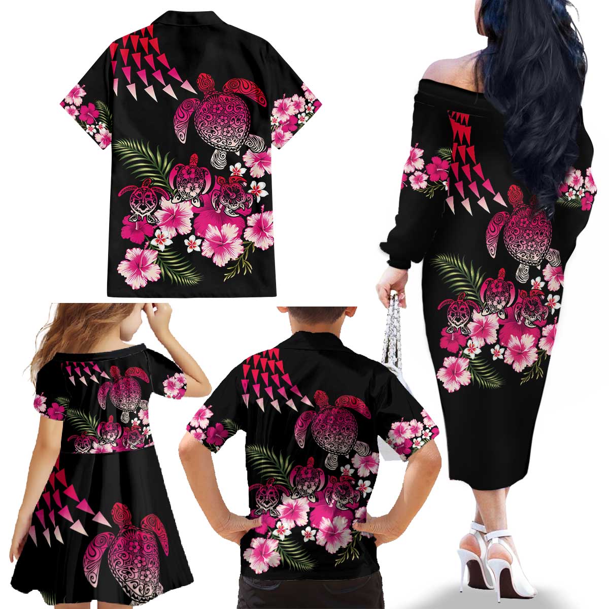 Hawaiian Hibiscus Turtle and Tropical Flower Family Matching Off The Shoulder Long Sleeve Dress and Hawaiian Shirt Sweet Vibe