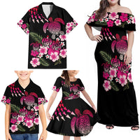 Hawaiian Hibiscus Turtle and Tropical Flower Family Matching Off Shoulder Maxi Dress and Hawaiian Shirt Sweet Vibe