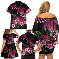 Hawaiian Hibiscus Turtle and Tropical Flower Family Matching Off Shoulder Short Dress and Hawaiian Shirt Sweet Vibe