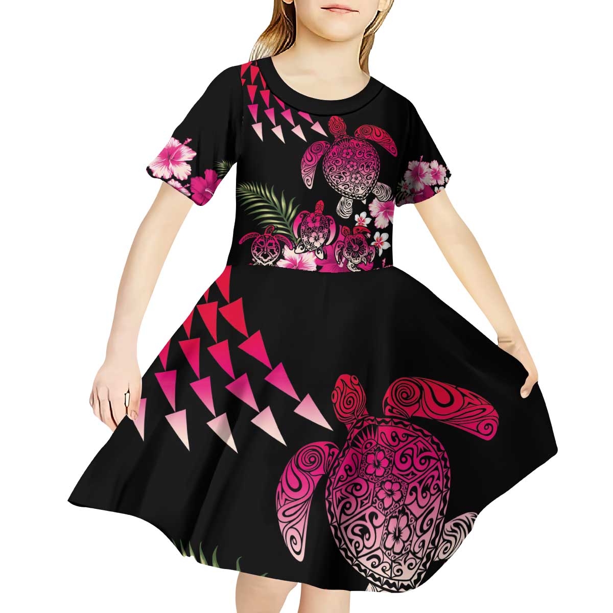 Hawaiian Hibiscus Turtle and Tropical Flower Kid Short Sleeve Dress Sweet Vibe
