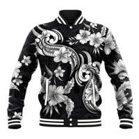 Hawaiian-Polynesian Art Tattoo Baseball Jacket Hibiscus and Plumeria Grayscale LT03 Unisex Black - Polynesian Pride