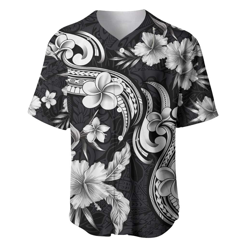 Hawaiian-Polynesian Art Tattoo Baseball Jersey Hibiscus and Plumeria Grayscale LT03 Black - Polynesian Pride