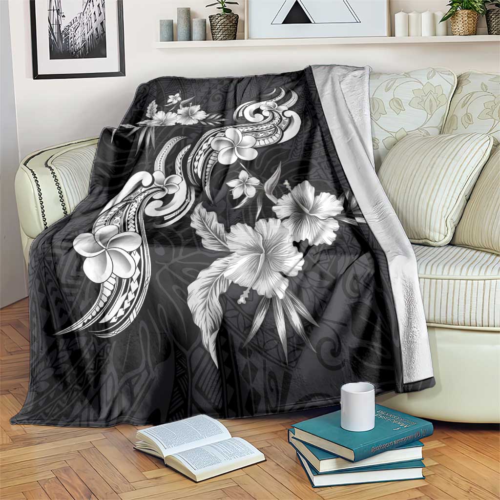 Hawaiian-Polynesian Art Tattoo Blanket Hibiscus and Plumeria Grayscale