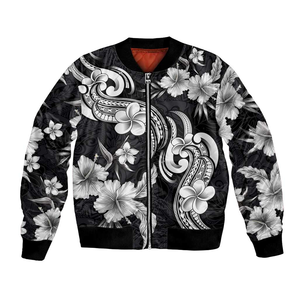 Hawaiian-Polynesian Art Tattoo Bomber Jacket Hibiscus and Plumeria Grayscale LT03 Unisex Black - Polynesian Pride